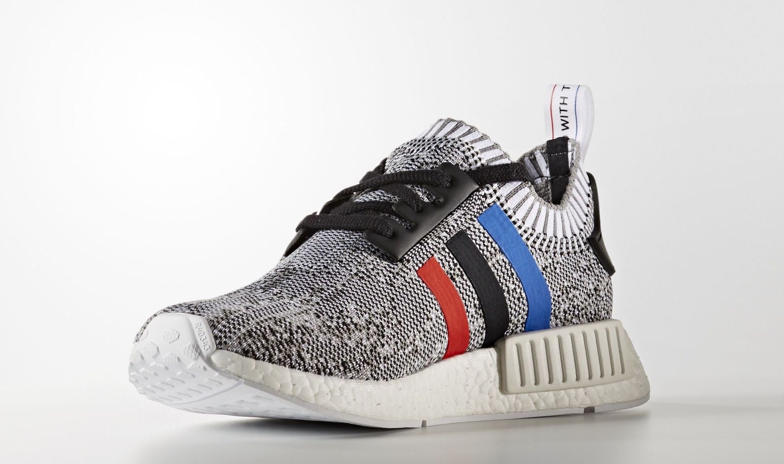 adidas NMD R1 Primeknit White Grey Tricolore Stripes