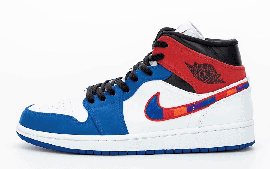 This Air Jordan 1 Mid Appears with A Multicolored Embroidered Nike Swoosh