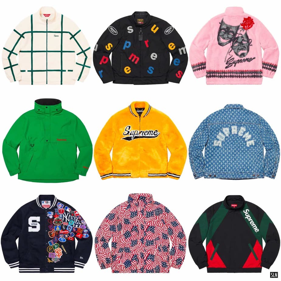 Supreme Spring/Summer 2020 jackets and sweatshirts in assorted colors and patterns