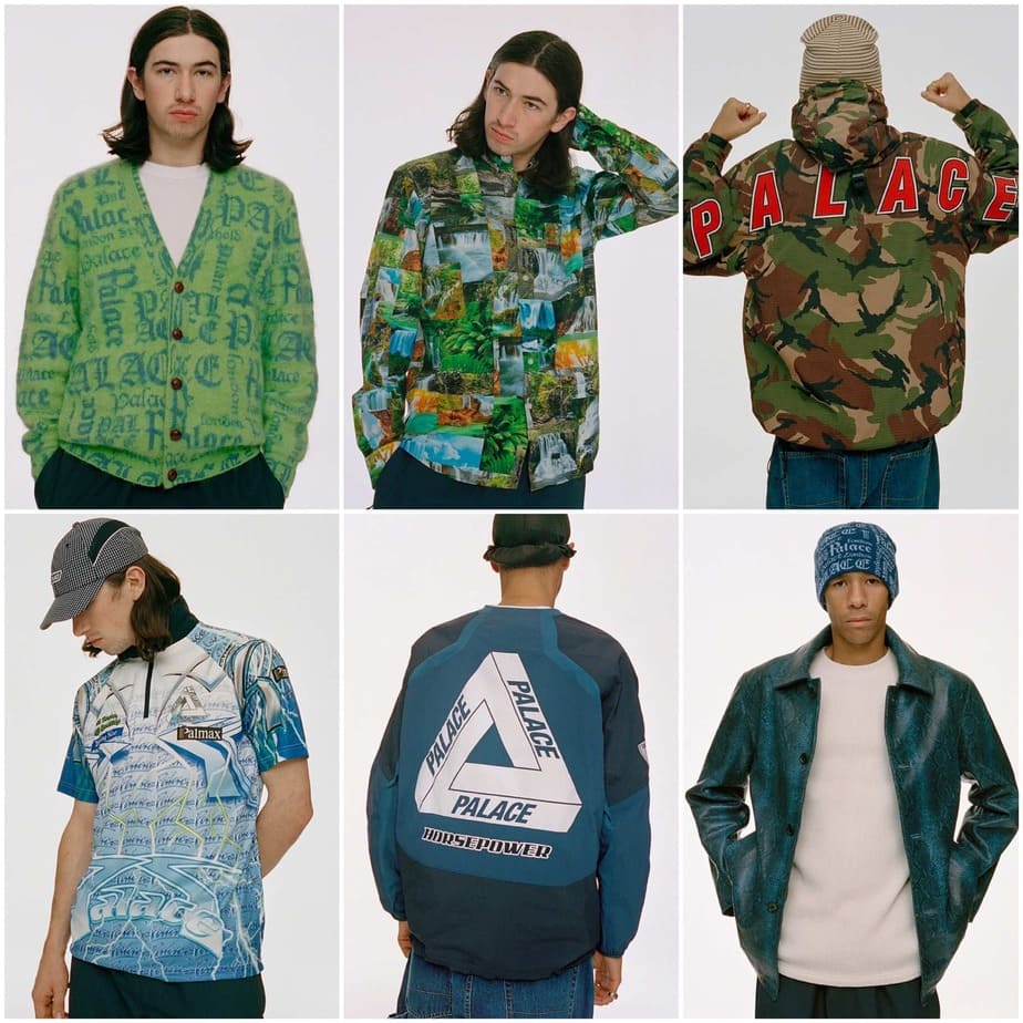 Palace Spring 2020 lookbook featuring patterned jackets, a jersey and a backpack