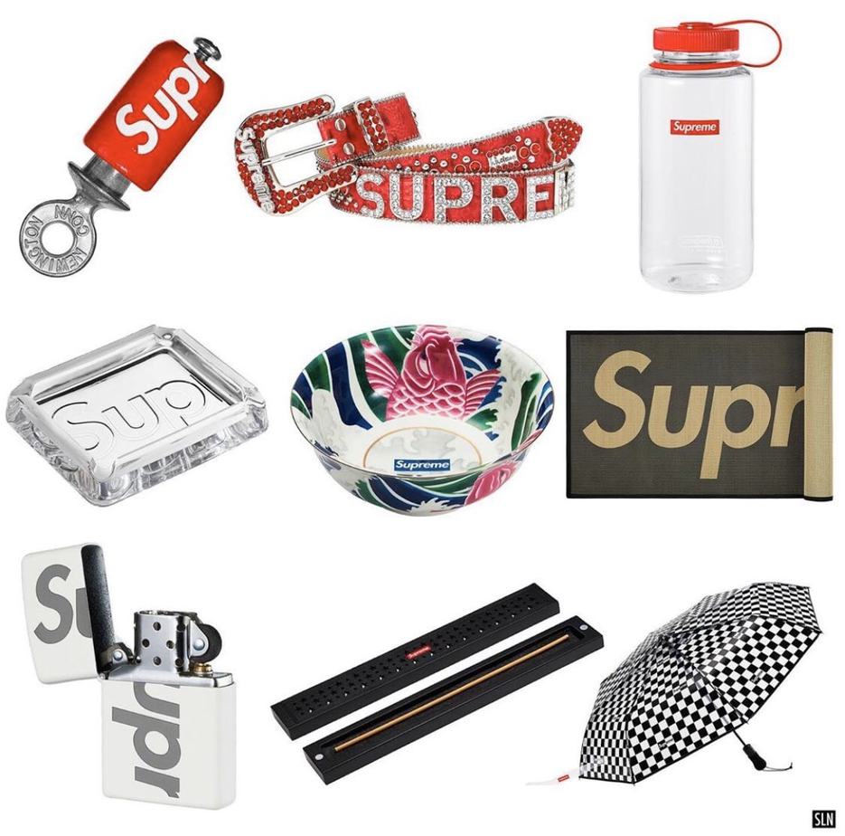 Supreme Spring/Summer 2020 accessories including a belt, bottle, bowl and umbrella