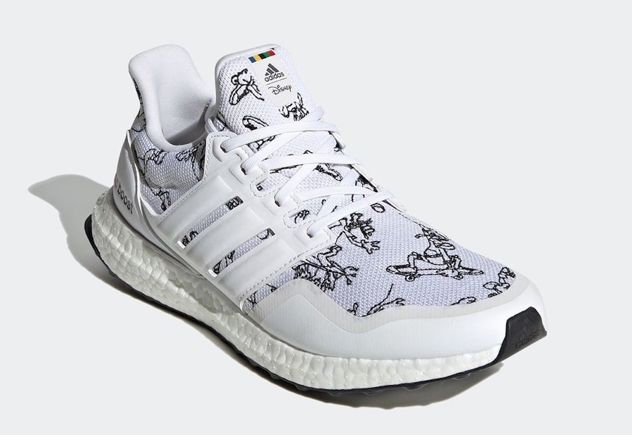 White Disney x adidas Ultra Boost Goofy with black character graphics