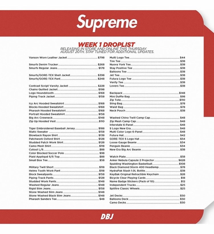 Supreme FW20 Week 1 Droplist
