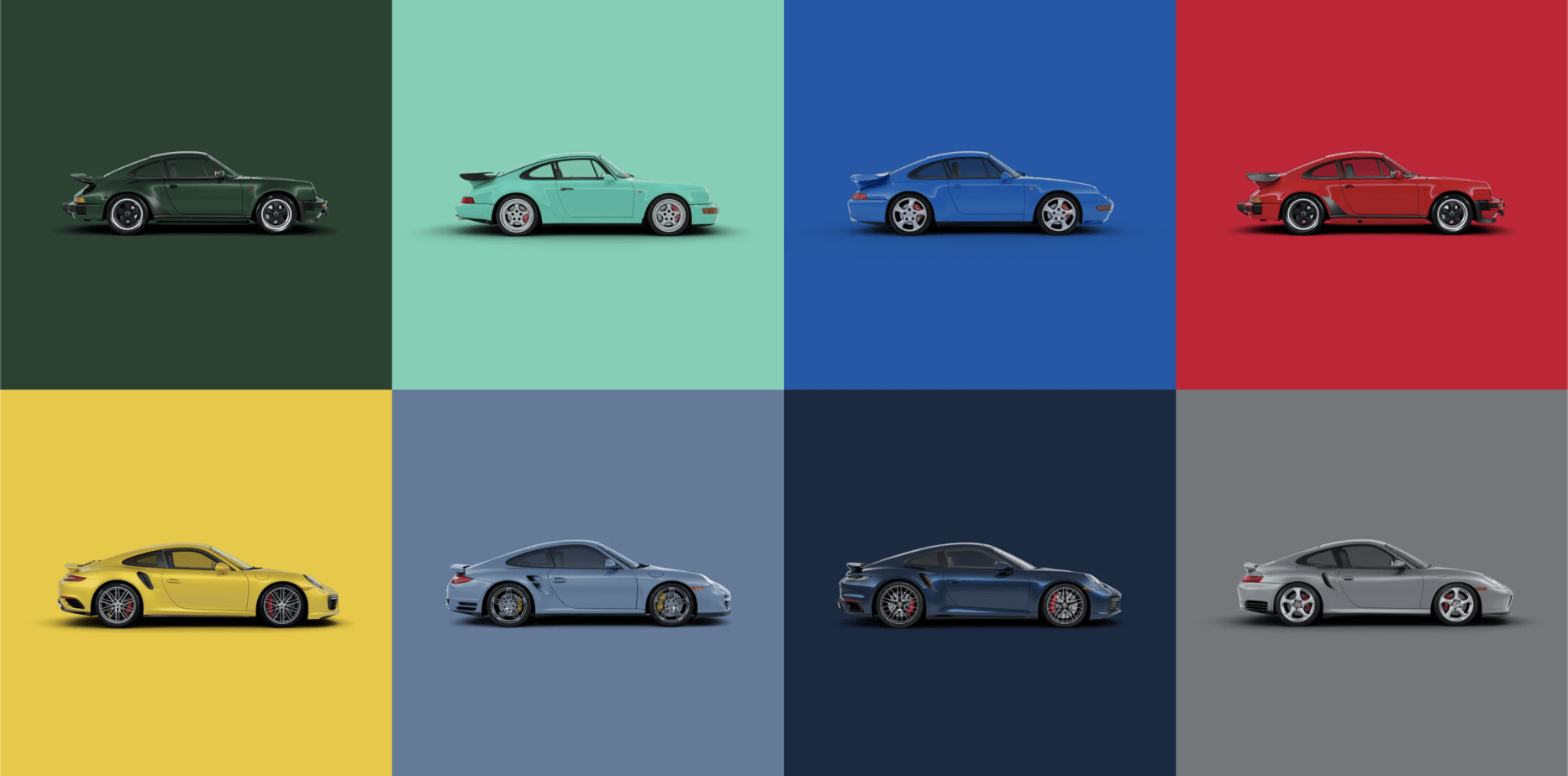 Eight generations of Porsche 911 Turbo in the colors inspiring the PUMA collection