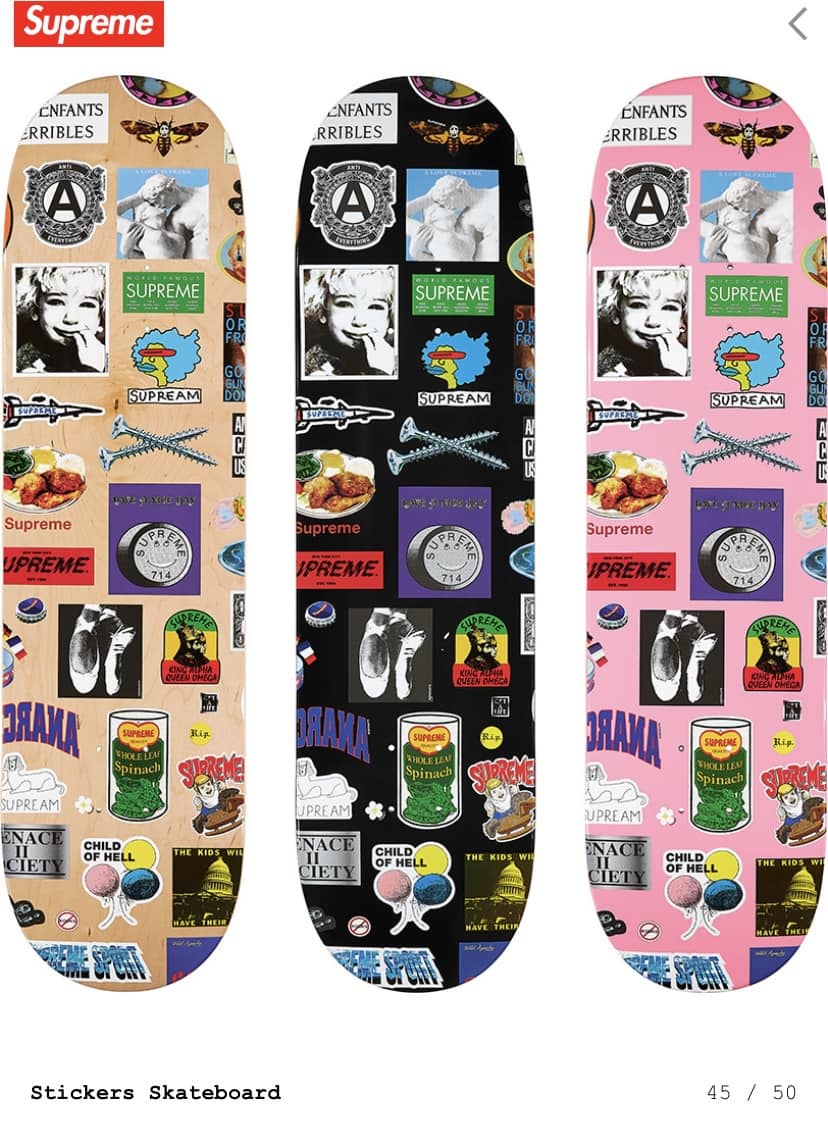 Supreme collage graphic skateboard decks in three colorways