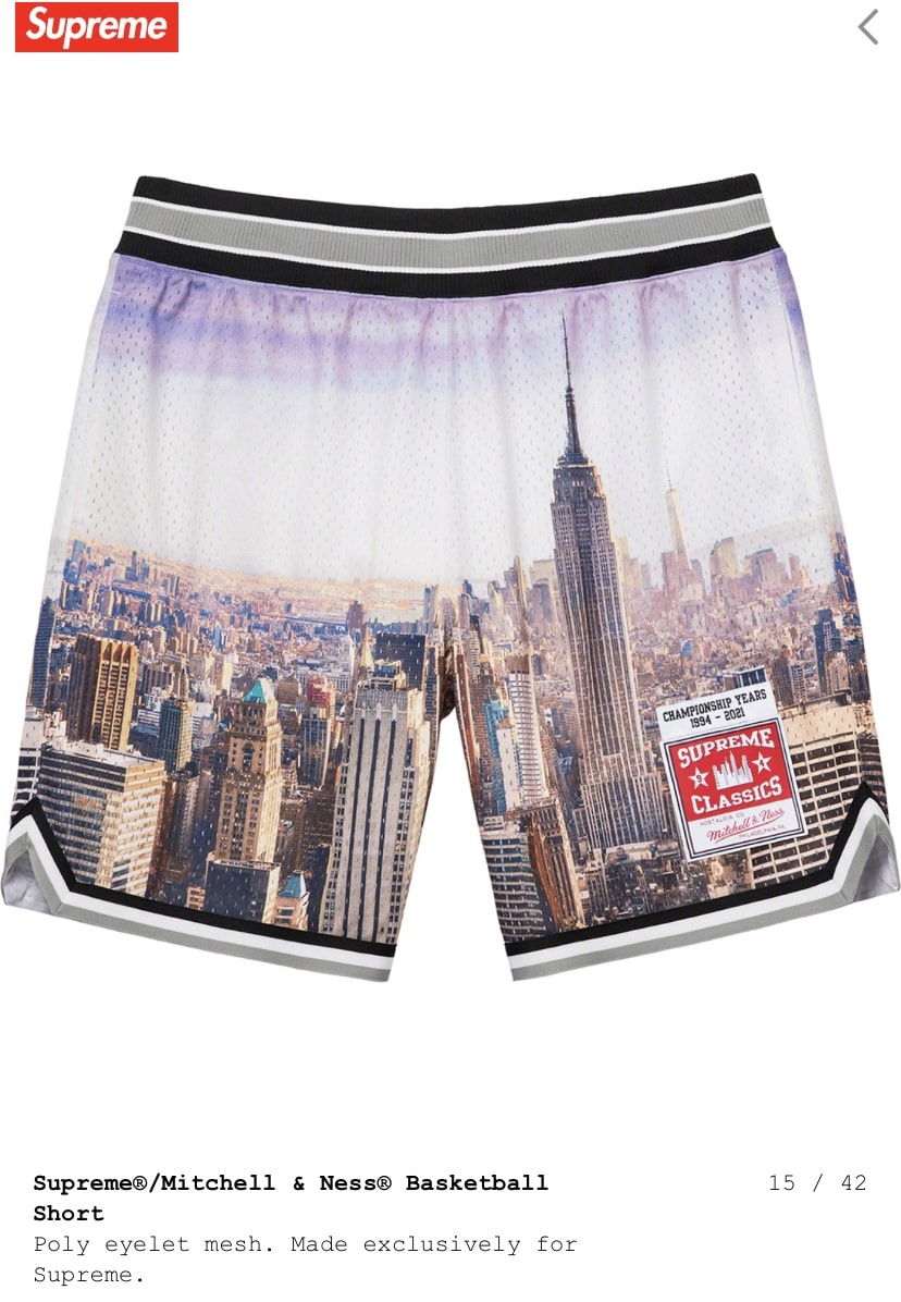 Supreme basketball shorts with a New York skyline print