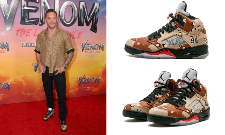 Tom Hardy wearing the “Camo” Supreme x Air Jordan 5s