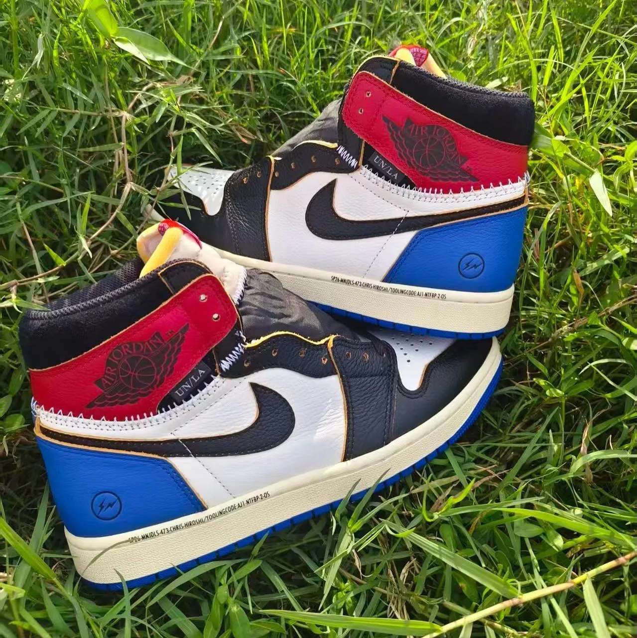 Air Jordan 1 High OG Union x Fragment design side view on grass