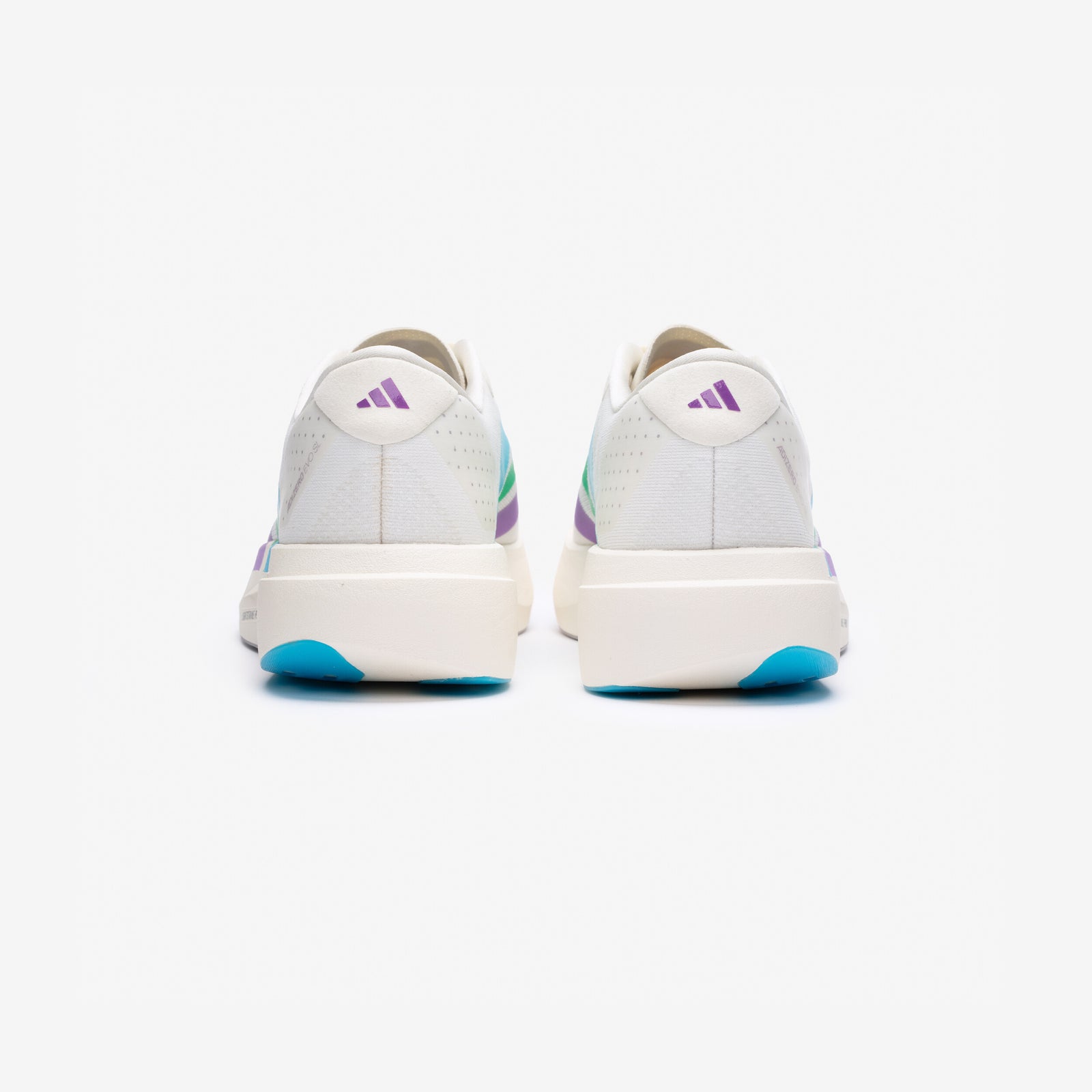 Rear view of the Speed Is Not a Sport Adizero Evo SL pair with purple heel branding over blue outsole pods