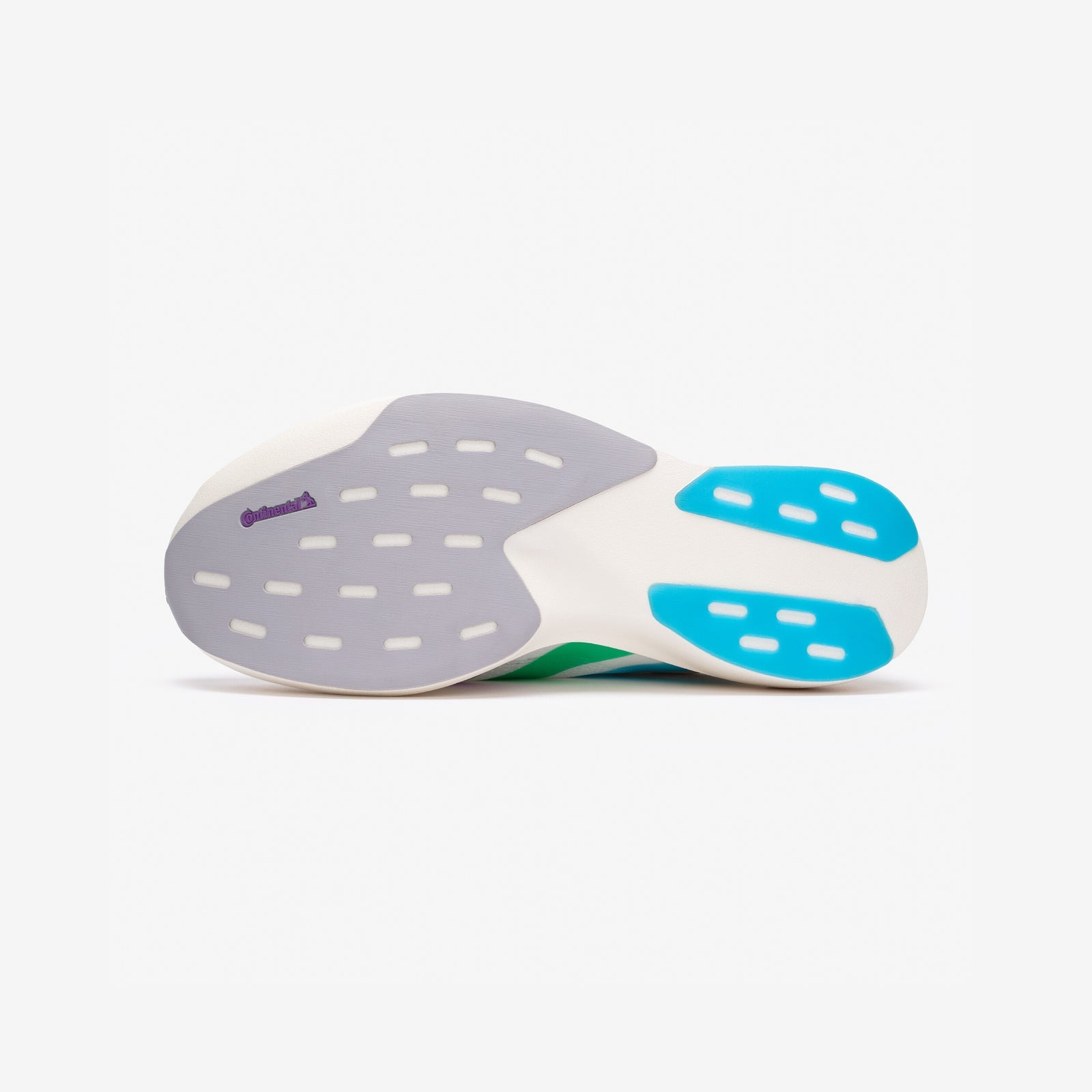 Outsole of the SNS Adizero Evo SL with grey forefoot rubber, blue Continental heel pods, and a purple Continental logo