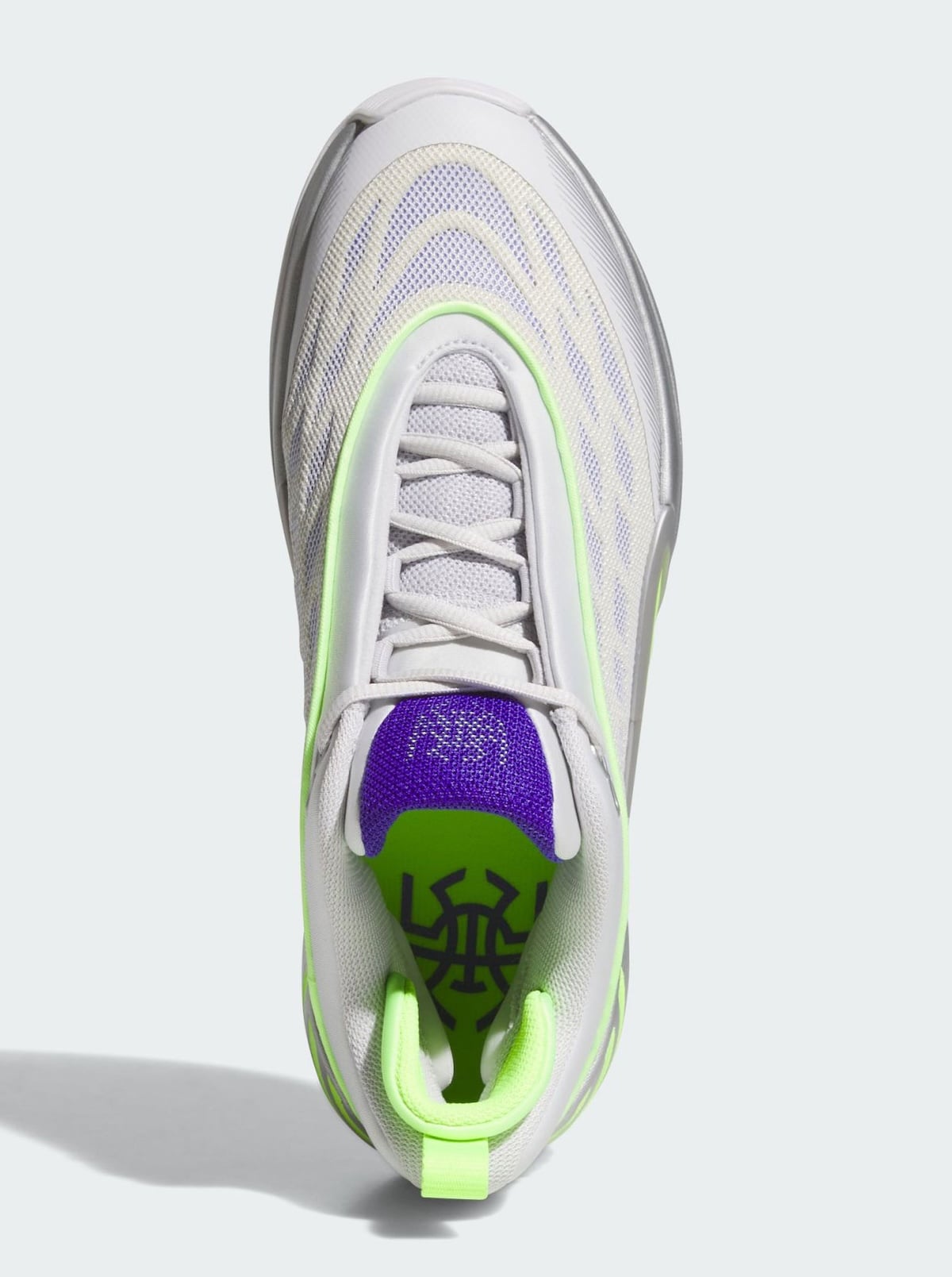 Top-down look at the purple tongue and circular Spida web logo against the white DON Issue 8 upper