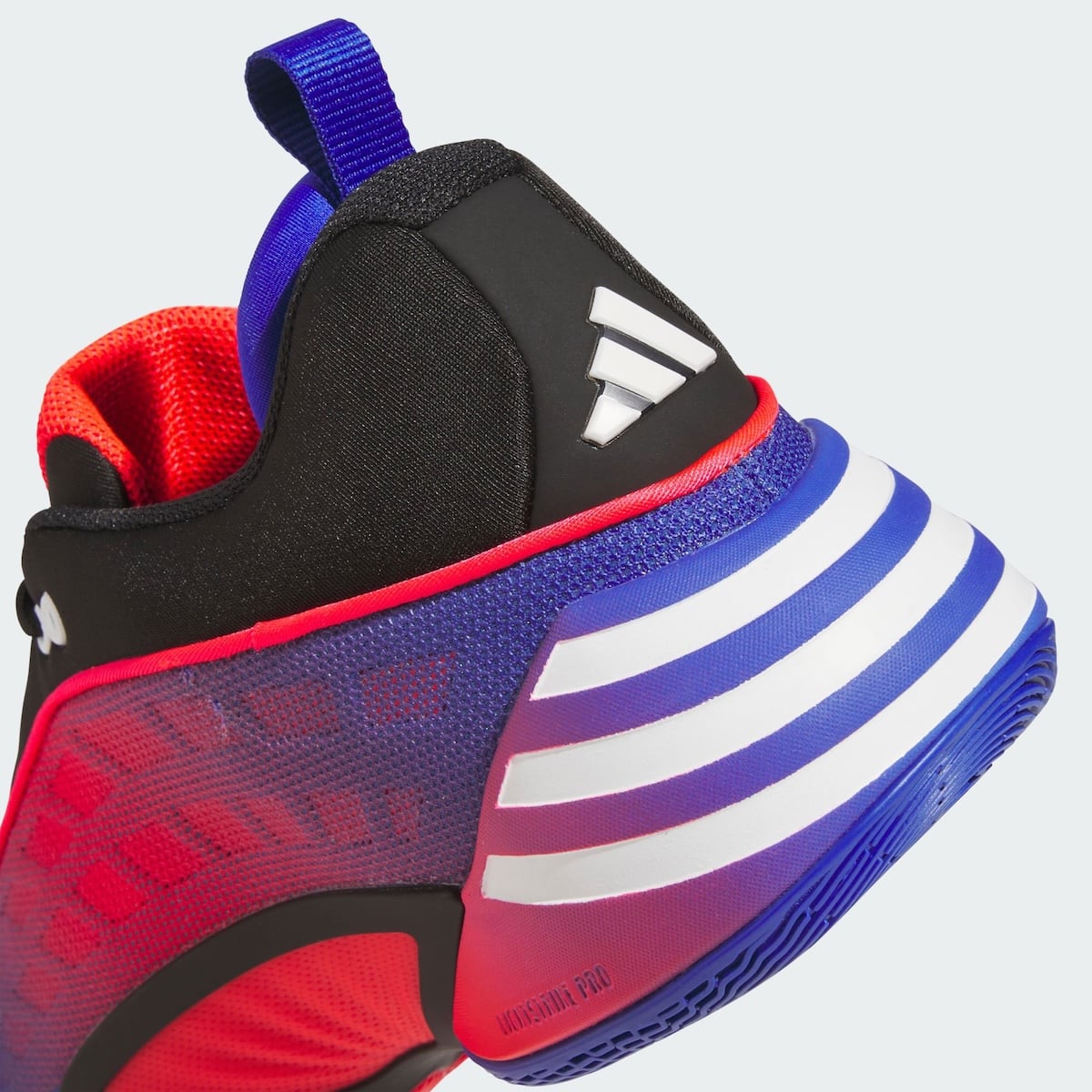 Close-up of the white Three Stripes and blue midsole on the heel of the DON Issue 8 “Spida-Man”