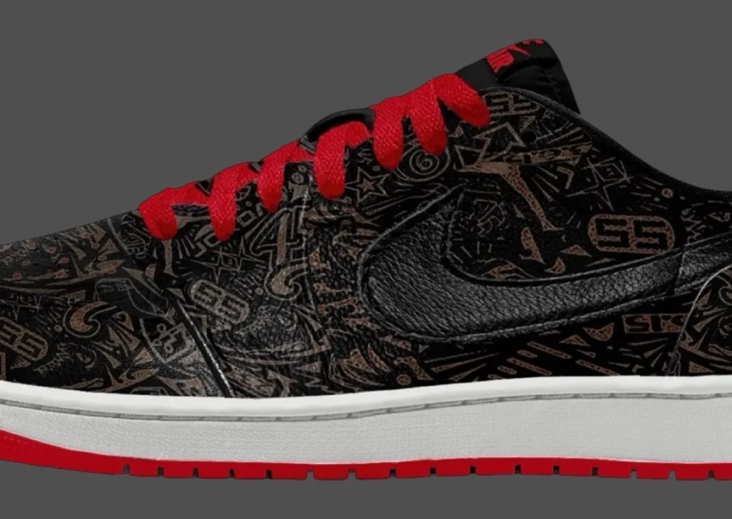 Close-up of the Palomino laser-etched collage and black Swoosh on the Air Jordan 1 Low Laser 2026 side panel