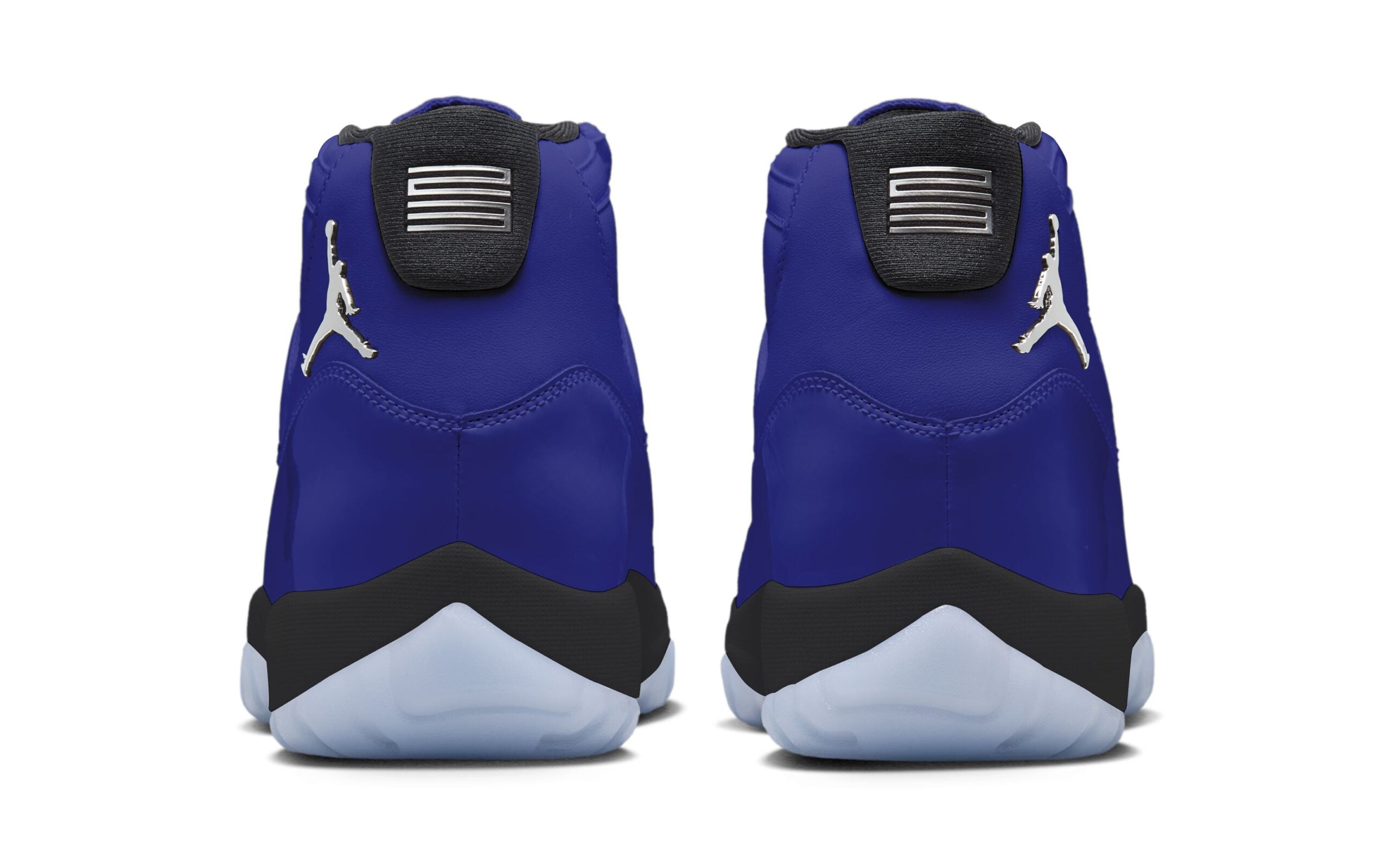 Heel view of the pair with metallic silver heel plates and black tabs above the icy lapis-tinted translucent soles