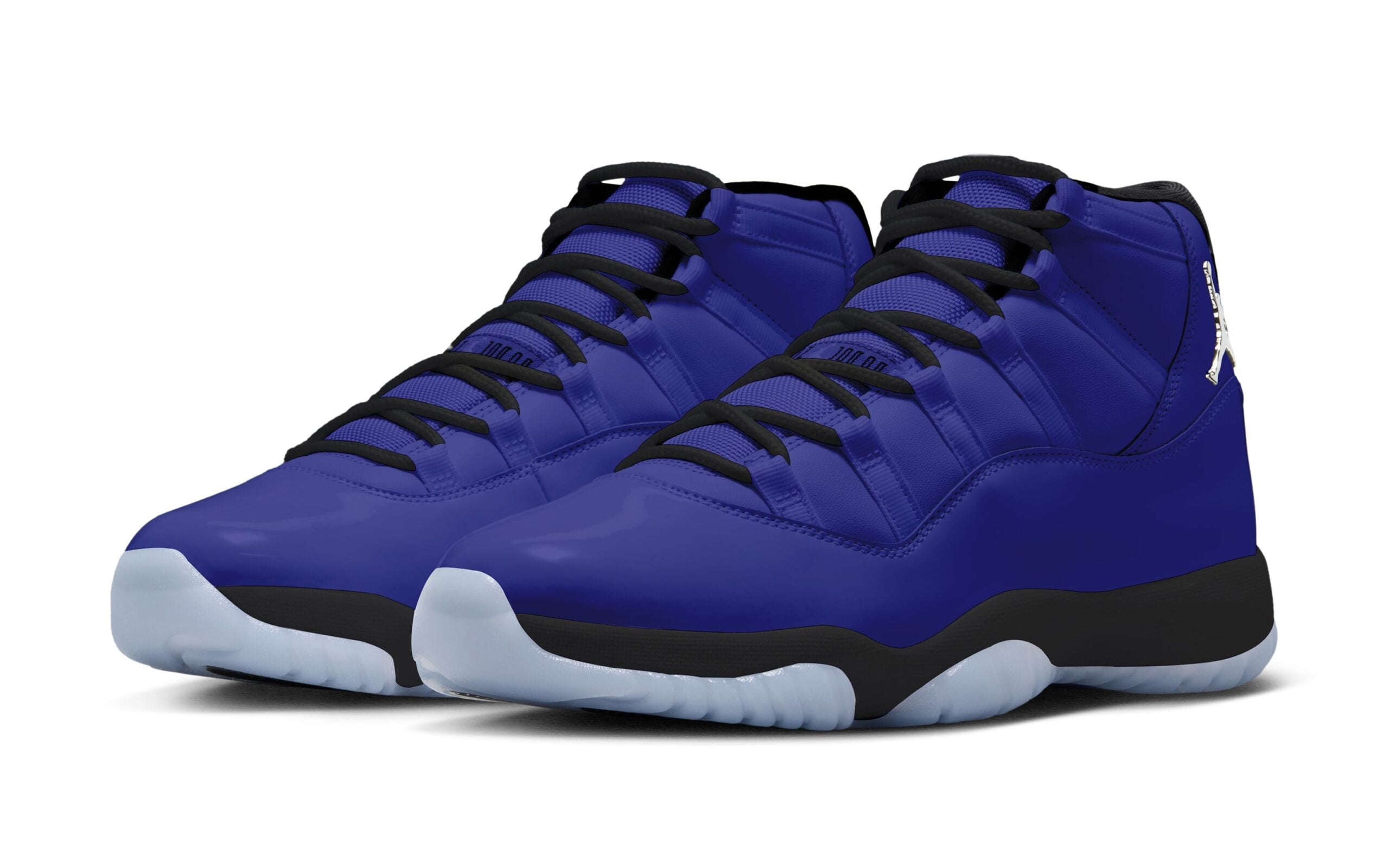 Front three-quarter pair shot of the lapis-blue Jordan 11 with black laces and a metallic silver Jumpman on the ankle