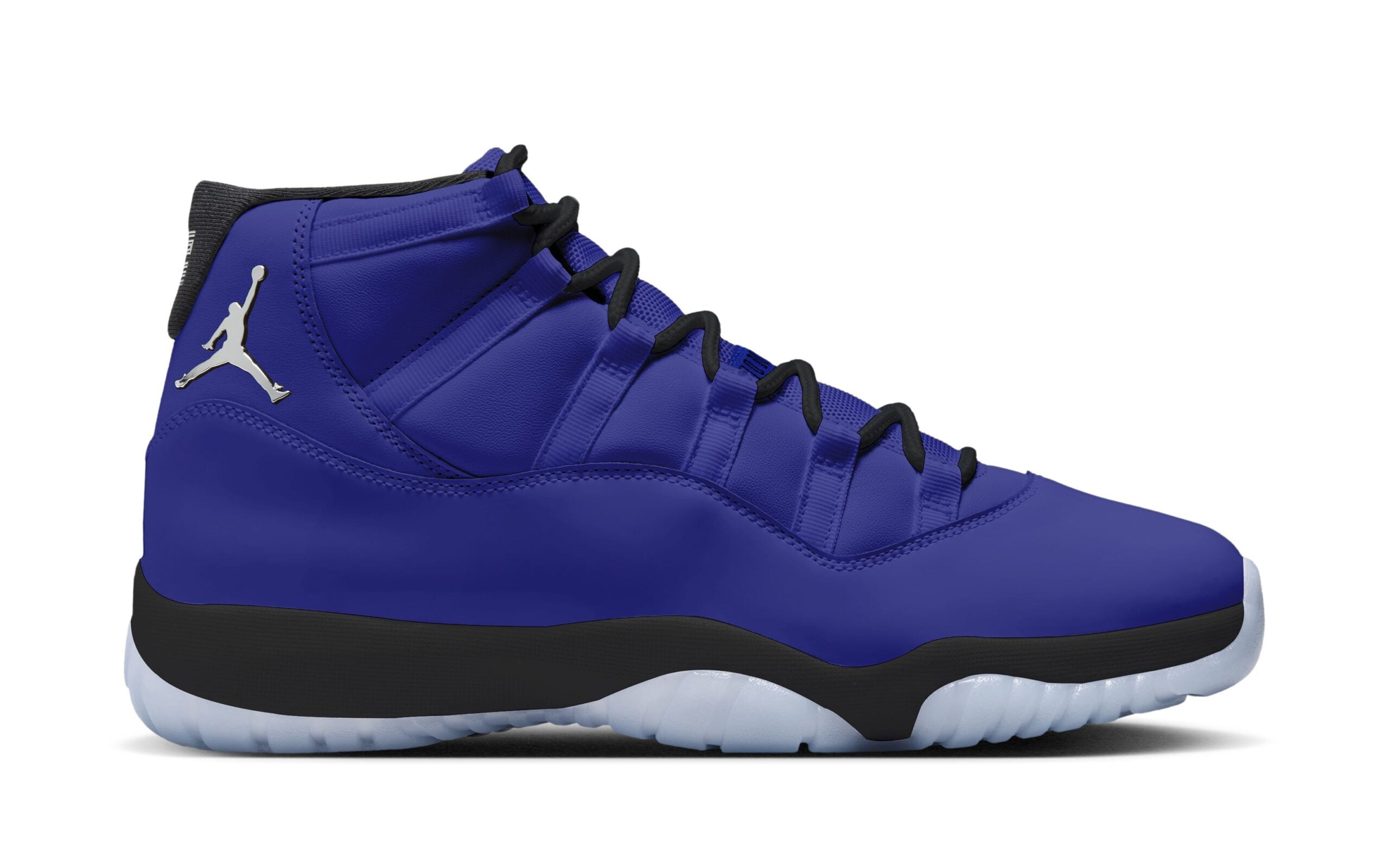Side profile of the Air Jordan 11 "Lapis" women's mockup showing the patent mudguard and translucent blue outsole