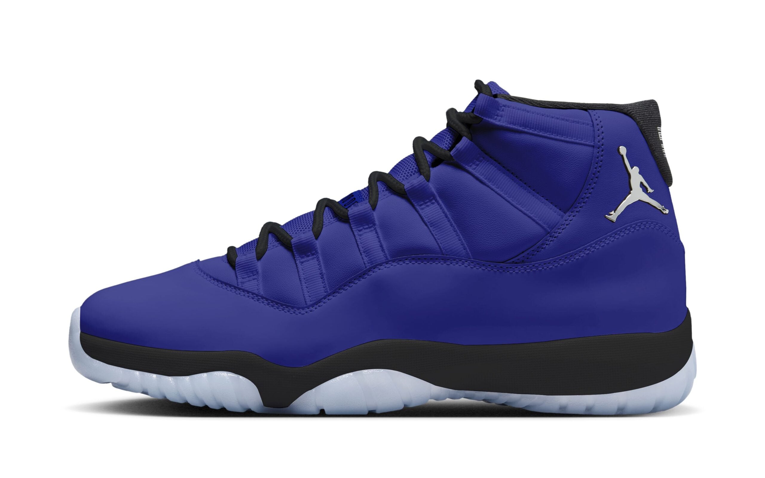 Lateral view of the Air Jordan 11 "Lapis," a lapis-blue patent leather upper over a black midsole and icy outsole