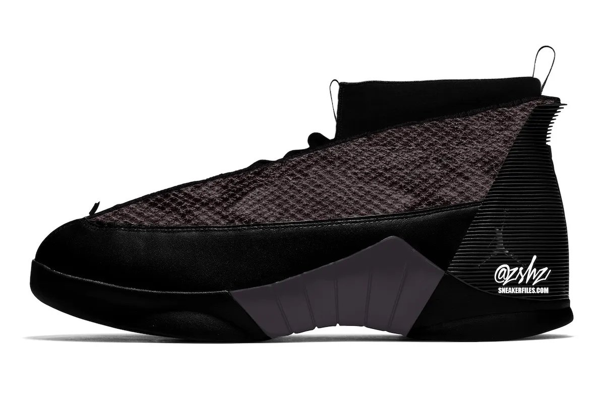 Lateral view of the Air Jordan 15 in the Black Pack, woven upper with black suede mudguard and grey shank