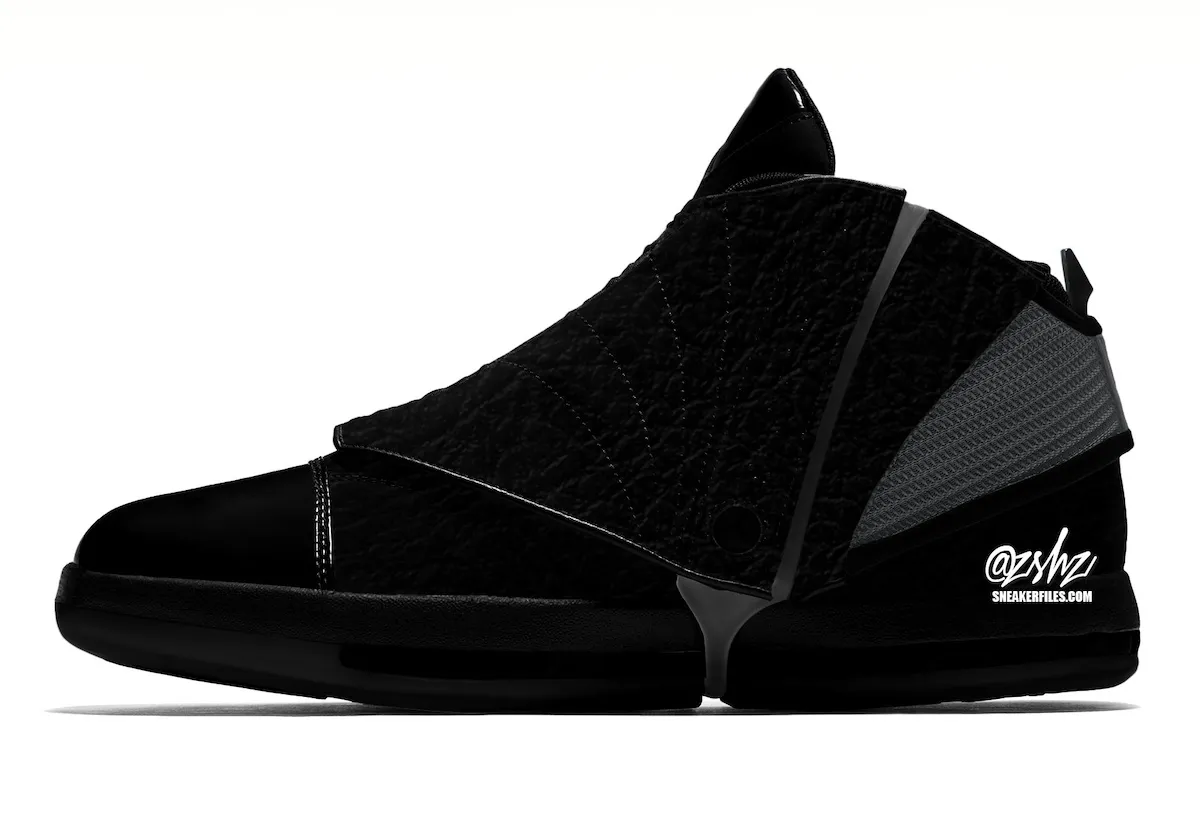 Lateral view of the all-black Air Jordan 16 Black Pack with quilted leather upper and grey heel mesh
