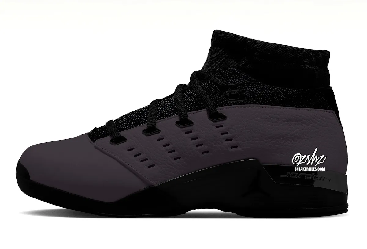 Lateral view of the Air Jordan 17 Low Black Pack in graphite leather with a black stingray-textured collar