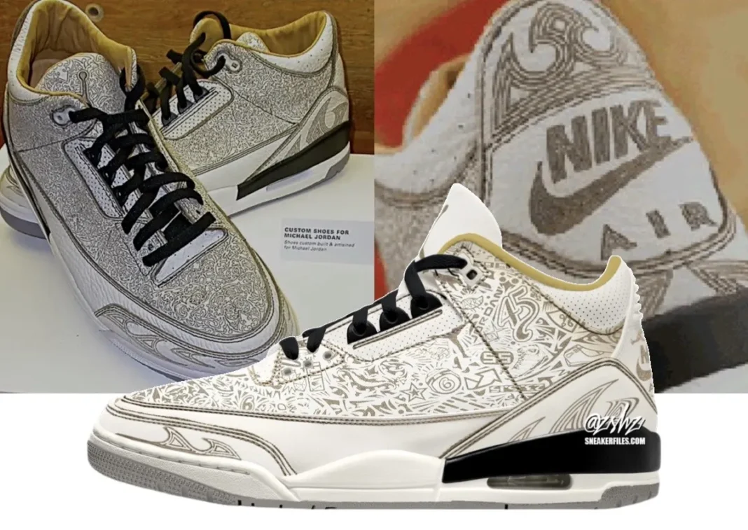 Close-up of the laser-engraved Nike Air heel branding next to the 2003 original and the 2026 Air Jordan 3 retro