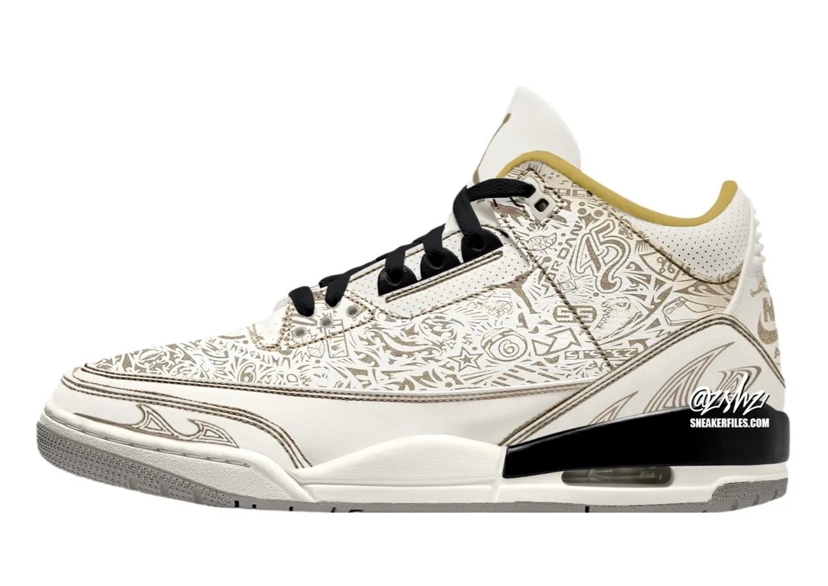 Lateral view of the Air Jordan 3 "Laser" in Phantom and Sail with tonal Palomino laser-etched career graphics