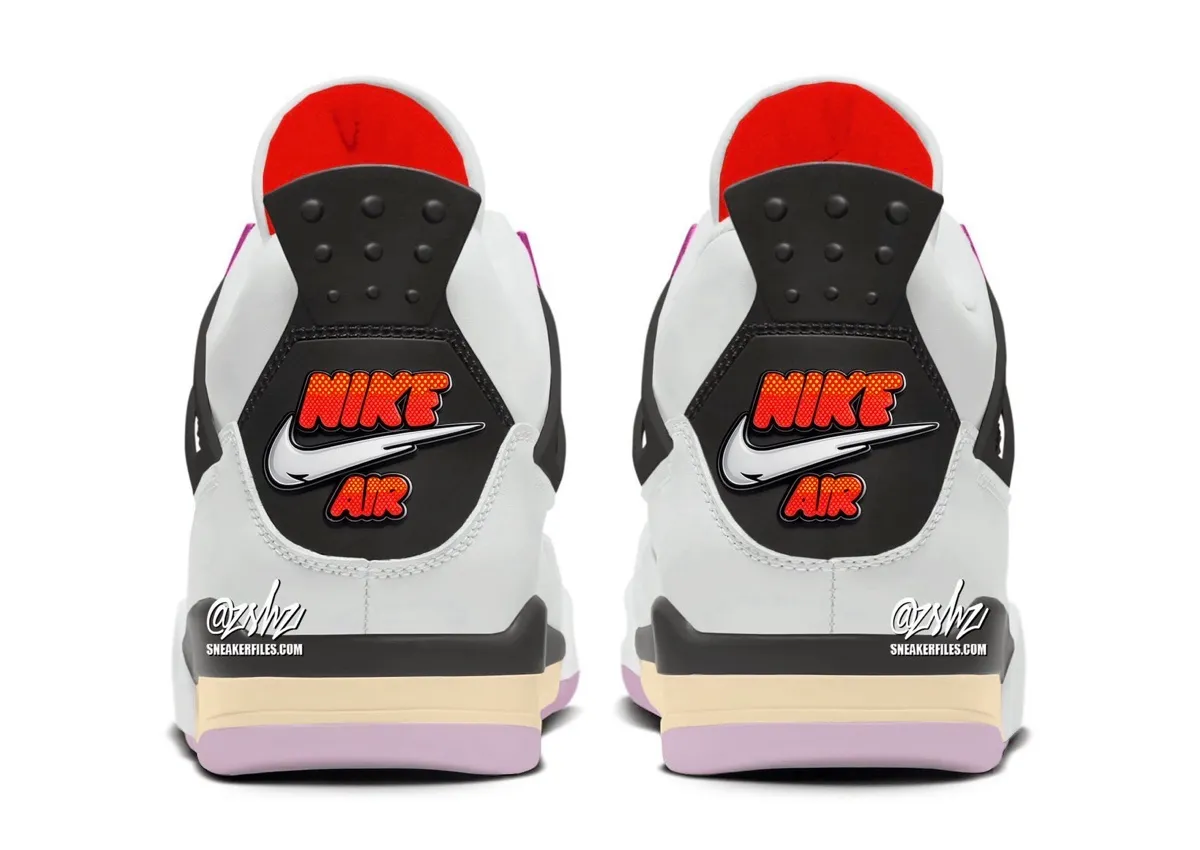 Heel view of the Air Jordan 4 Comic pair showing the red comic-font Nike Air jewels and fire-red interior lining