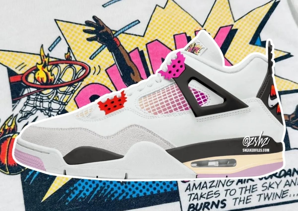 Air Jordan 4 Comic 2026 mockup shown over the 1985 Michael Jordan comic-style Dunk T-shirt that inspired the colorway