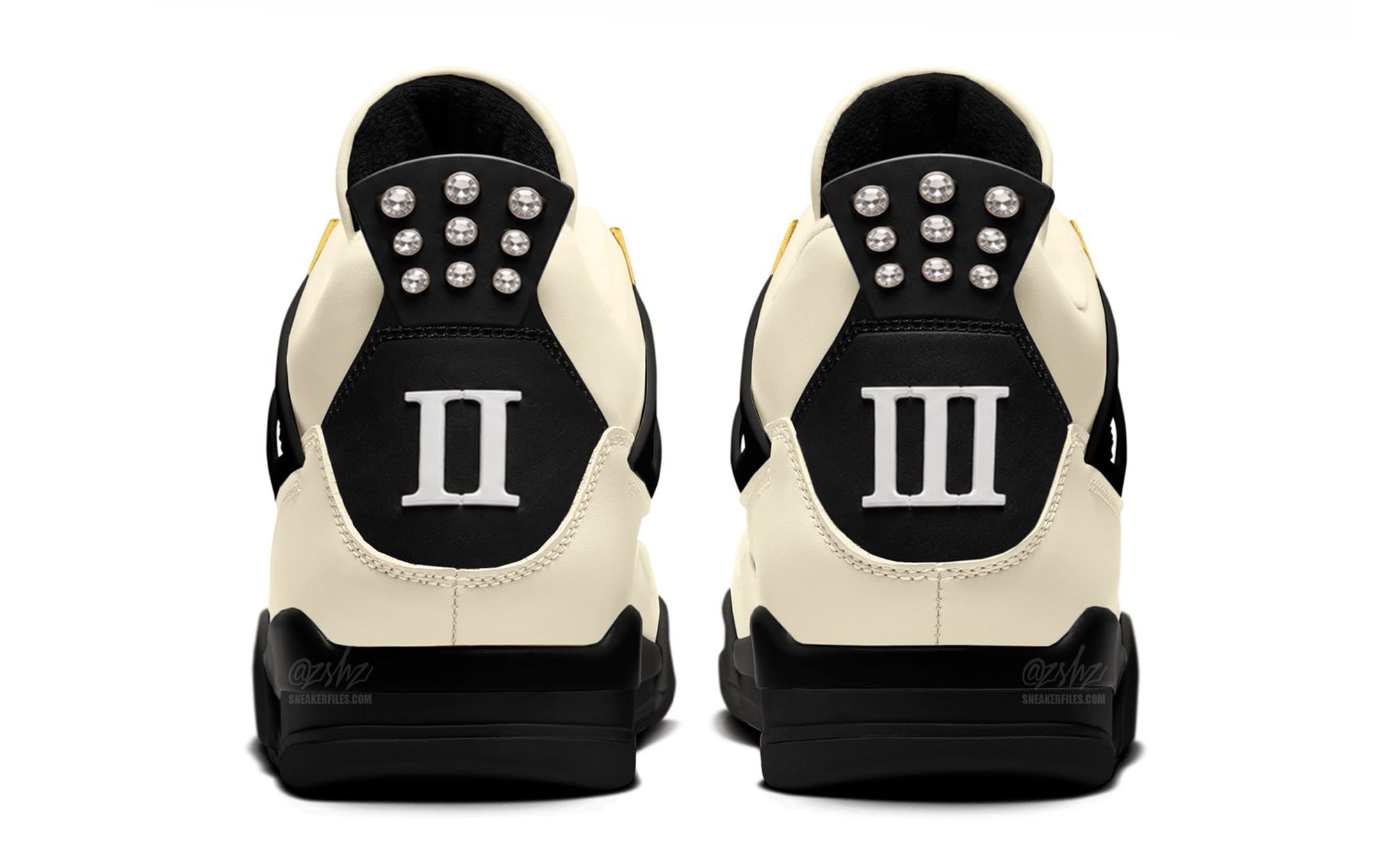 Heel view of the pair with II stamped on the left shoe and III on the right, plus silver studs along the heel spine