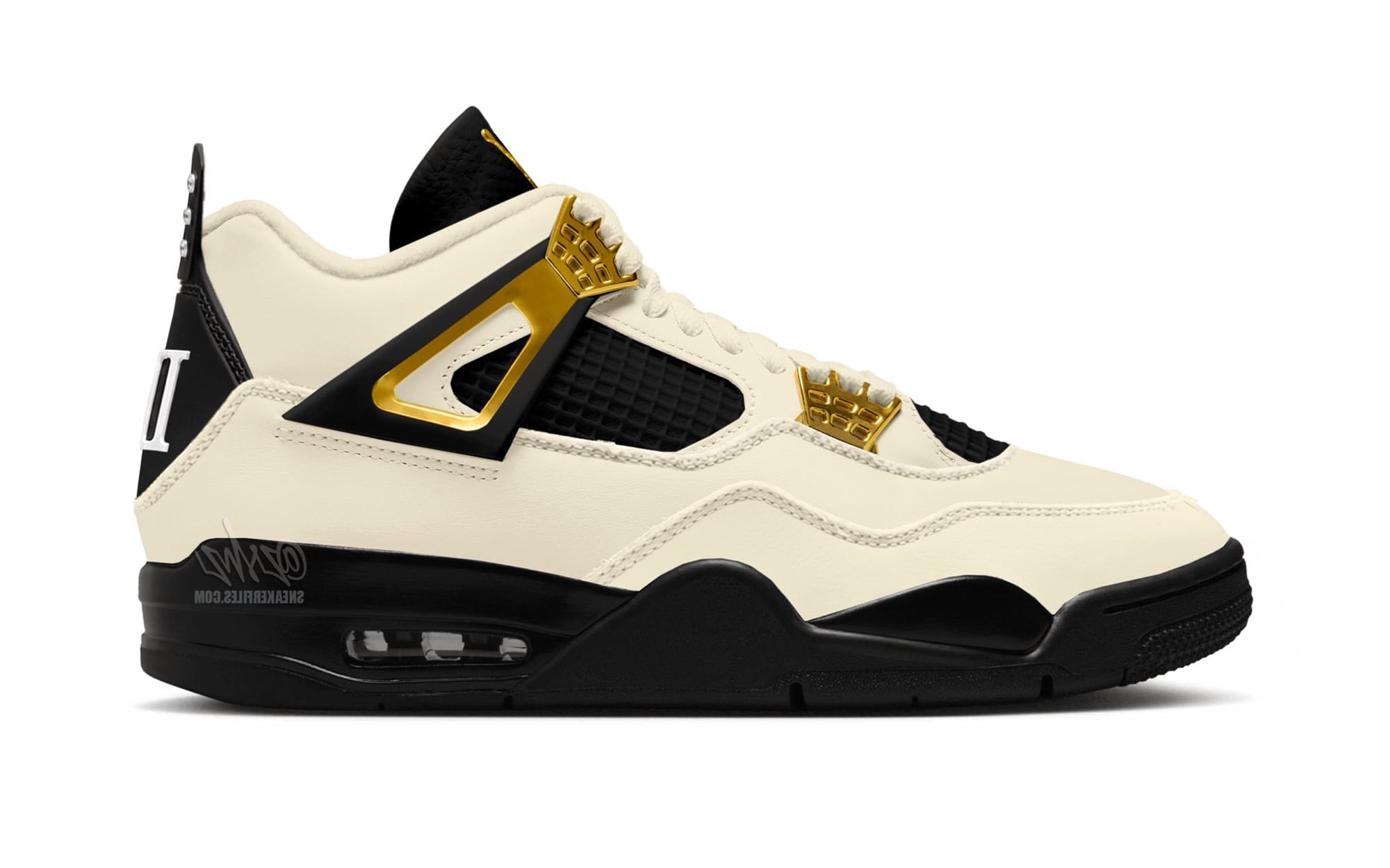 Lateral view of the Air Jordan 4 Musik in cream with black mesh panels, gold studded eyelets and a black midsole