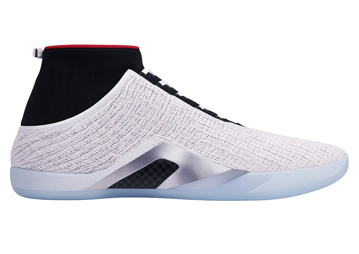 Lateral view of the Air Jordan 41 in white woven knit with a black bootie collar, silver Swoosh, and icy outsole