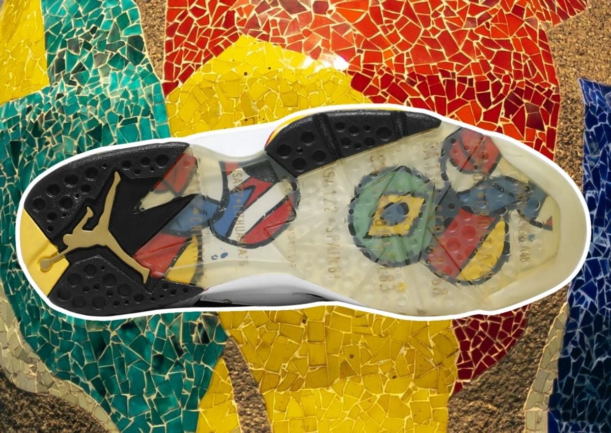 Translucent gold outsole of the Air Jordan 7 Miro release stamped with the Jumpman and Miro-style abstract figures