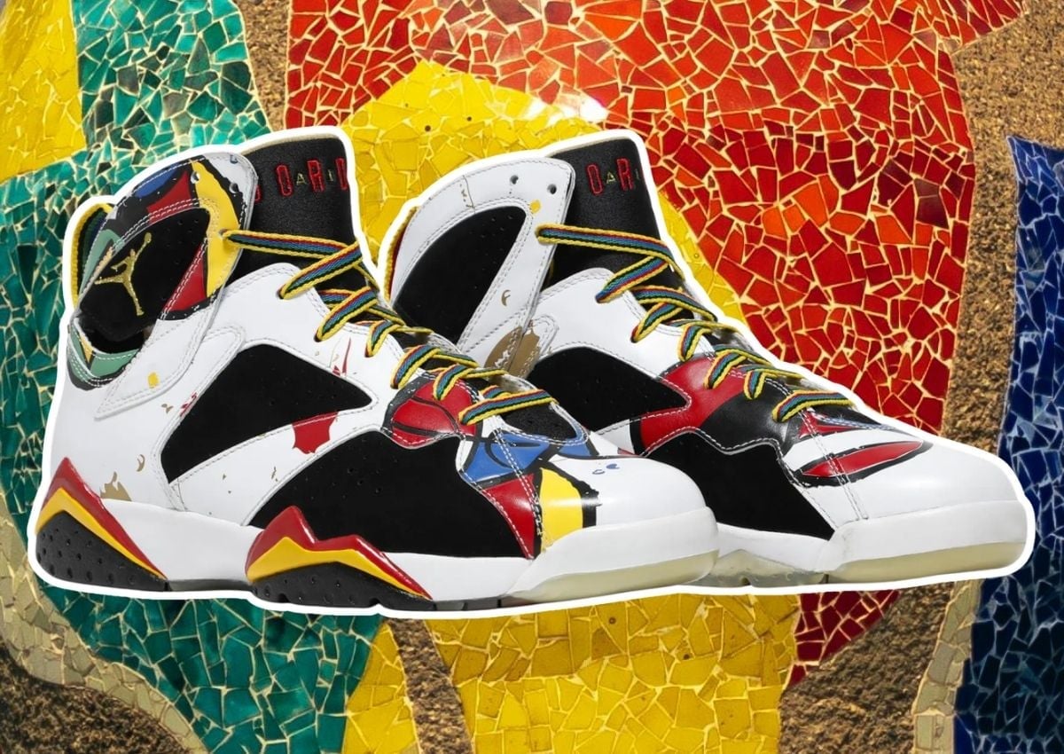 Front three-quarter view of the Air Jordan 7 Miro 2026 pair showing the white, black and multicolor mosaic-style panels