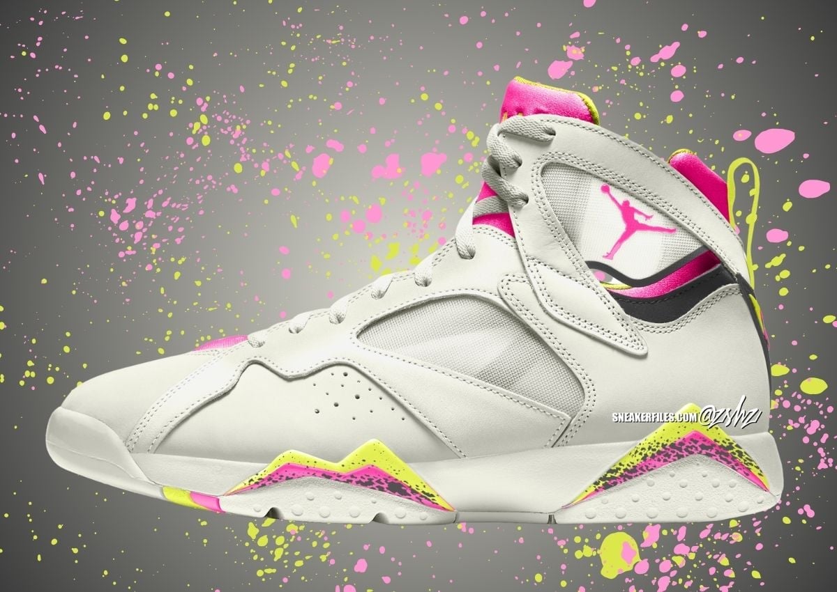 Air Jordan 7 "Tennis Day" mockup on a pink-and-yellow paint splatter backdrop nodding to the Air Tech Challenge 2