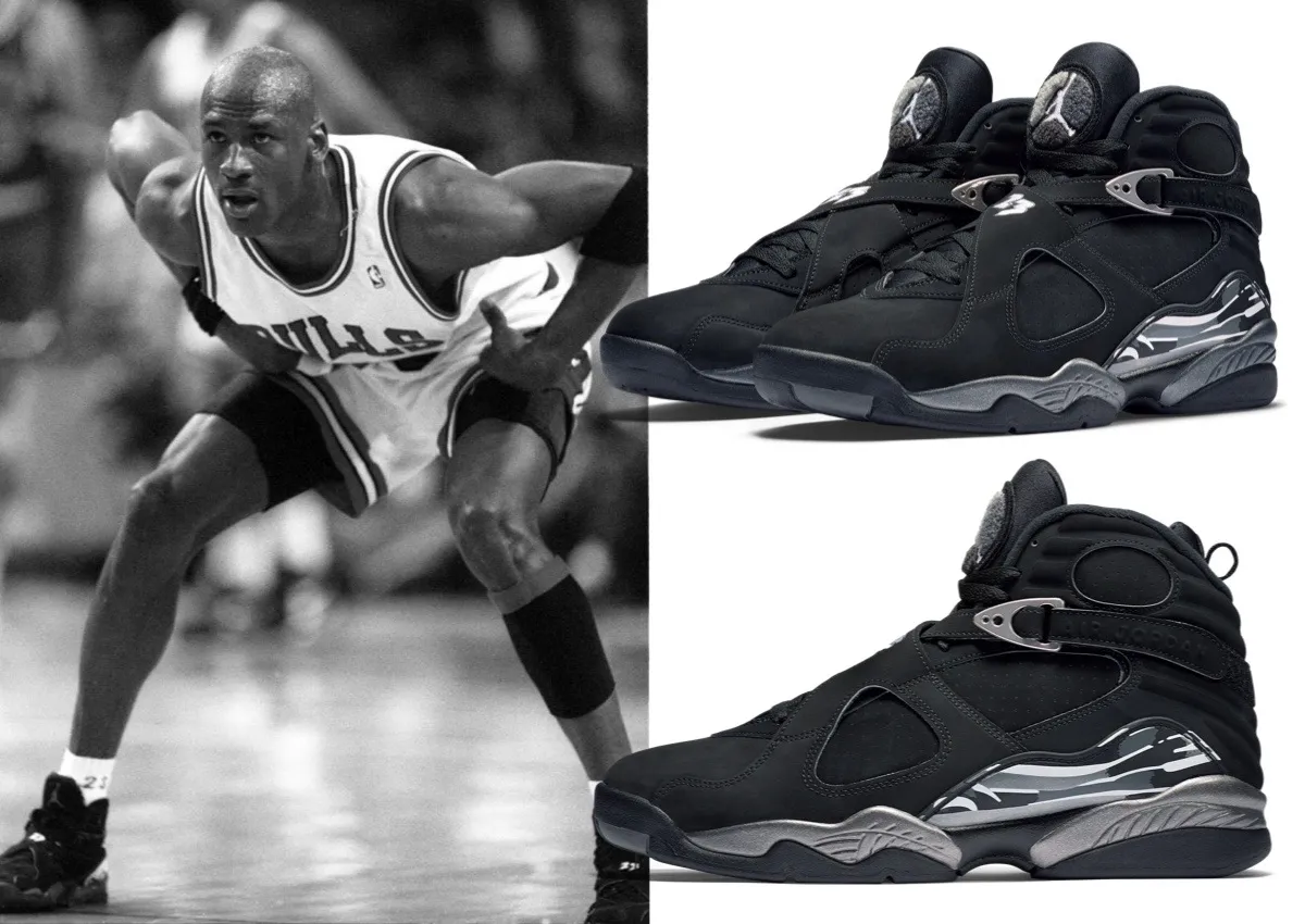 Top-down look at the grey chenille "23" tongue patches and white Jumpman on the Air Jordan 8 Black Chrome