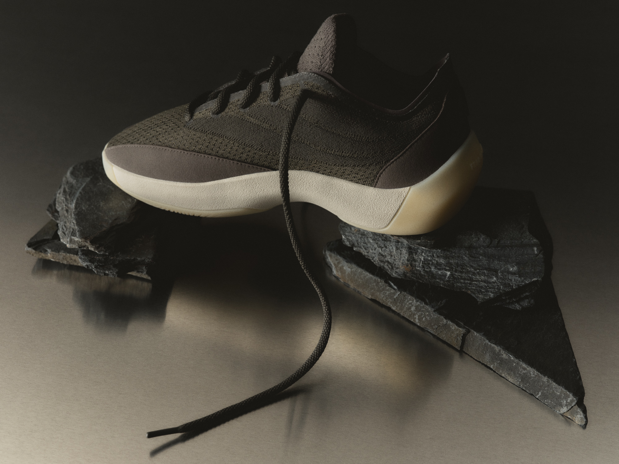 Fear of God Athletics III Basketball "Cinder" lateral view on slate, brown knit-and-suede upper with two-toned cream midsole