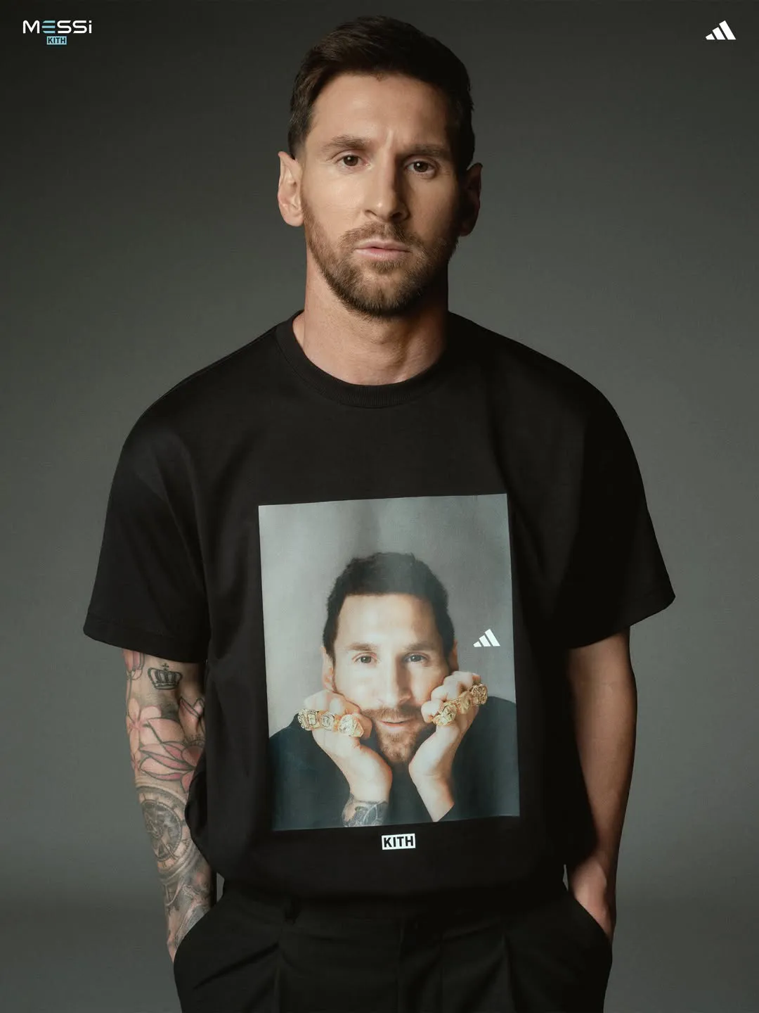 Black Kith photo tee printed with a Lionel Messi portrait and the adidas logo from the football collection