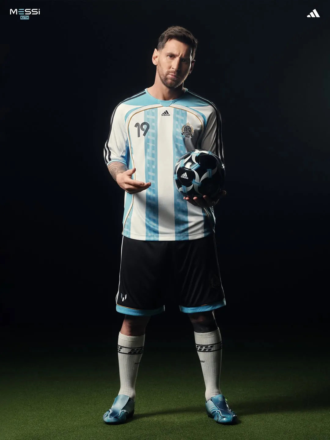 Lionel Messi in the full Kith adidas football kit with light blue jersey, black shorts, white socks, and blue boots