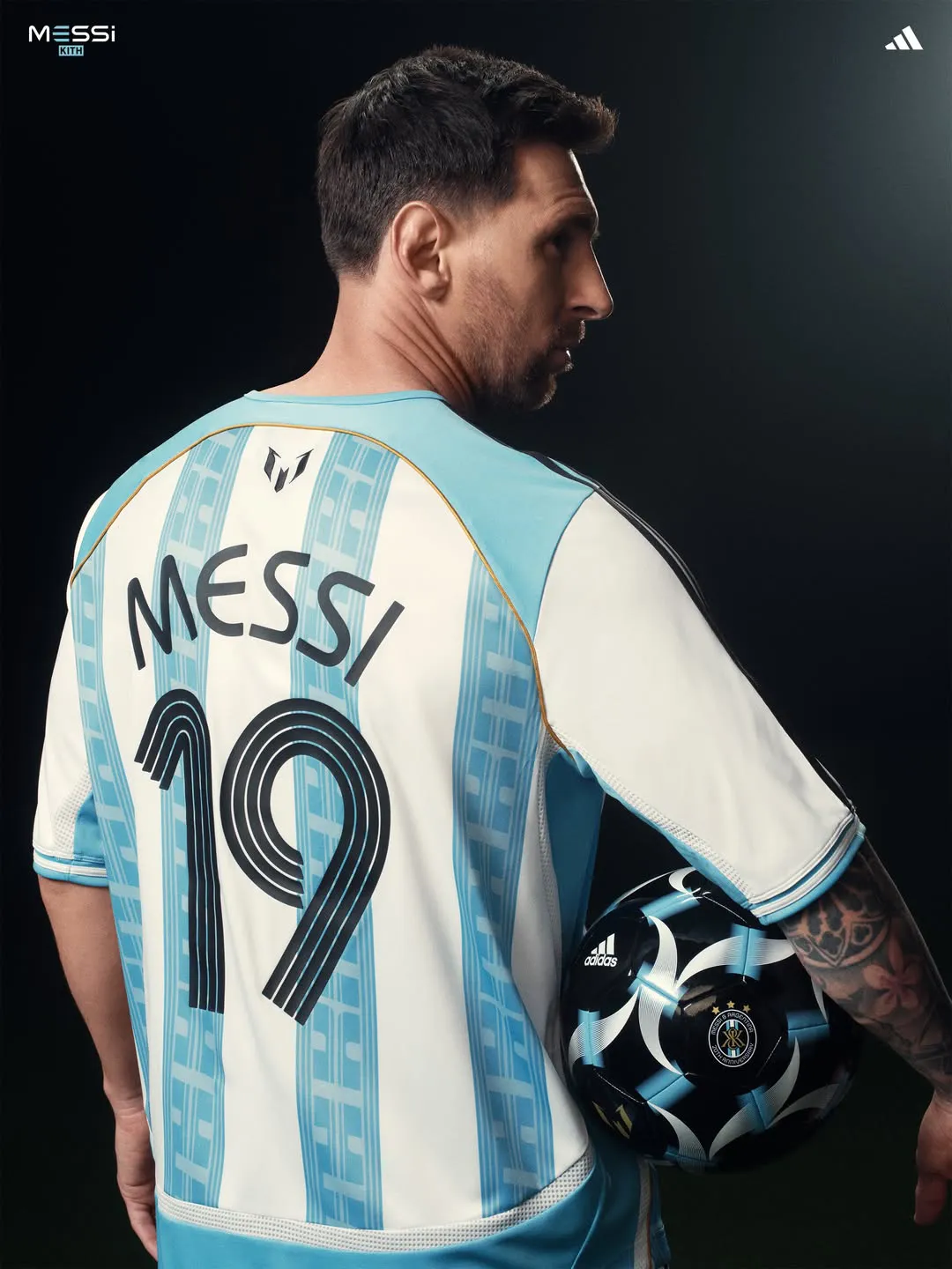 Back of the Kith adidas Argentina jersey with "MESSI 19" lettering in light blue and white