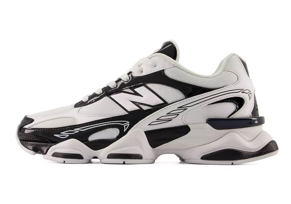 Opposite-side profile of the white and black New Balance 9060R showing the sculpted wavy midsole and patent piping