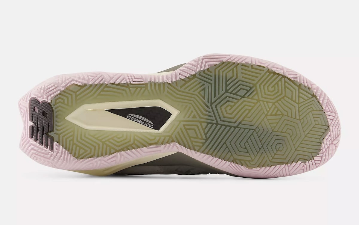 Underside of the Coco CG2 with the Energy Arc plate and a maze-like pale pink and green tread pattern