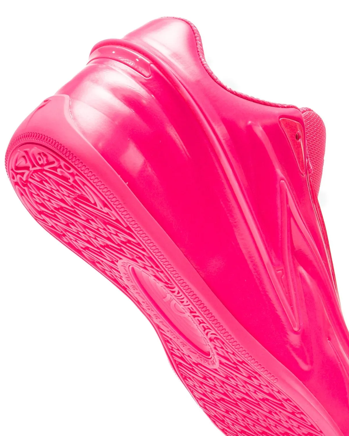 Macro close-up of the translucent pink KD 19 outsole and its detailed forefoot traction pattern