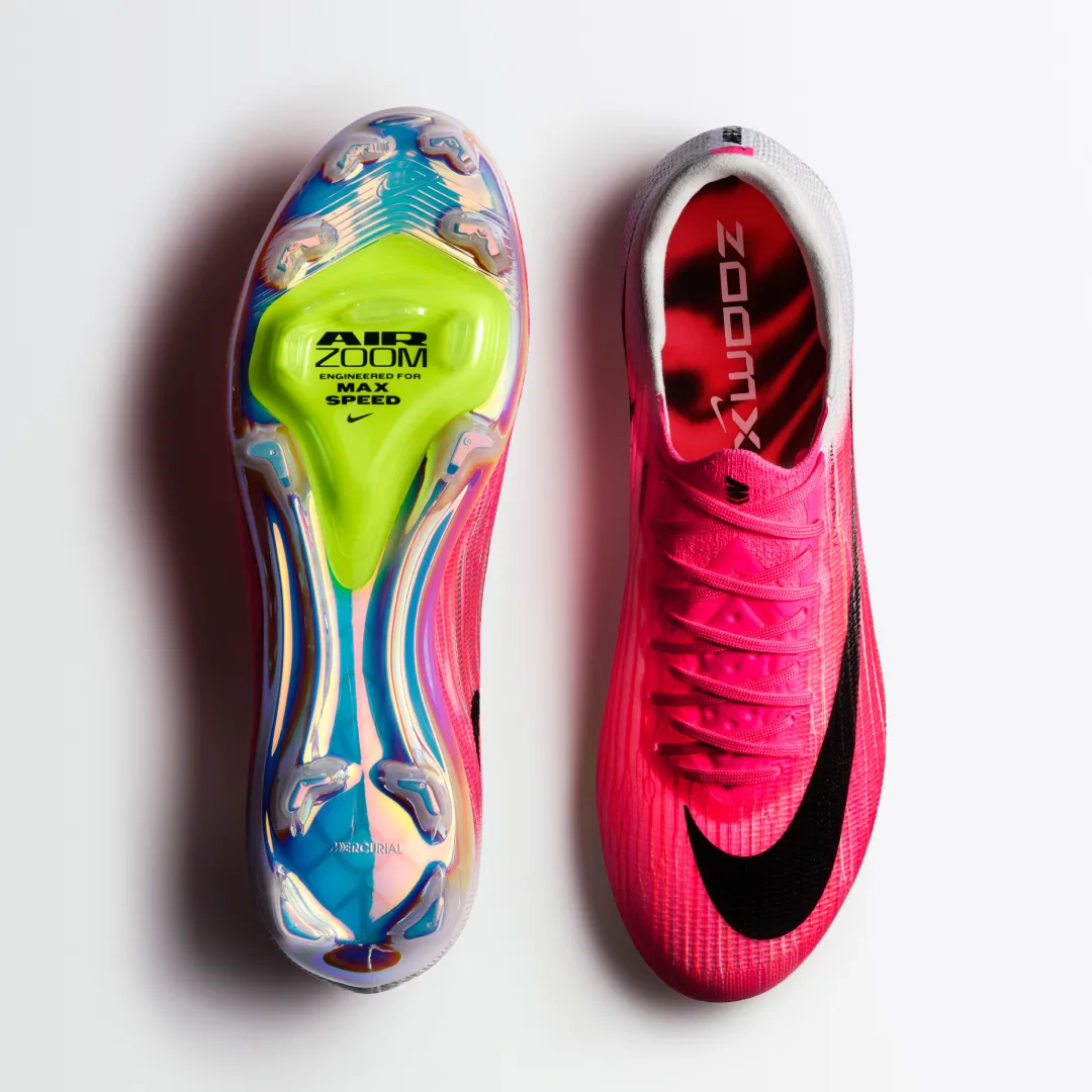 Top-down Superfly 11 showing the volt forefoot Air Zoom pod beside the pink ZoomX-lined upper