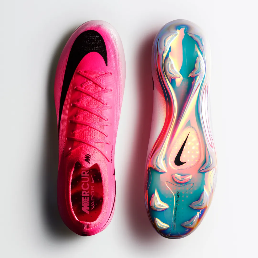 Top-down view pairing the pink Vapor 17 upper with its iridescent FlyLite plate and chevron studs