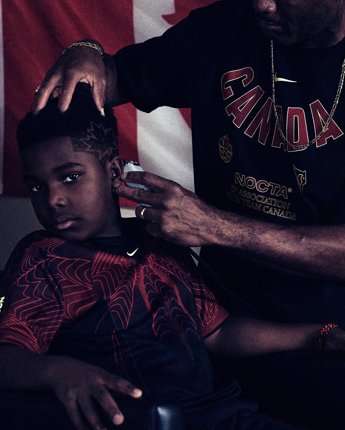 NOCTA in association with Team Canada sweatshirt with maple-red CANADA lettering and a kids soccer jersey