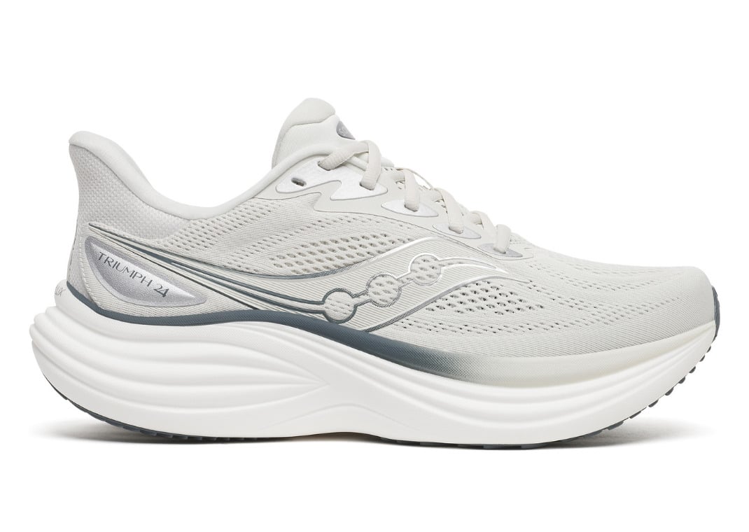 Lateral profile of the Quartz/Anchor Triumph 24 in grey with silver branding and a white IncrediLUX midsole