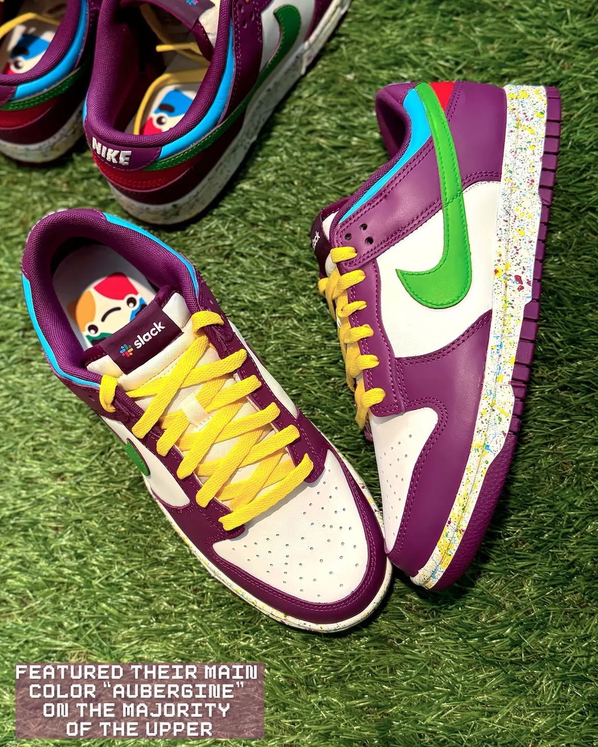 Top-down look at the aubergine Slack Nike Dunk Low custom pair with green Swooshes, yellow laces and paint-splatter midsoles