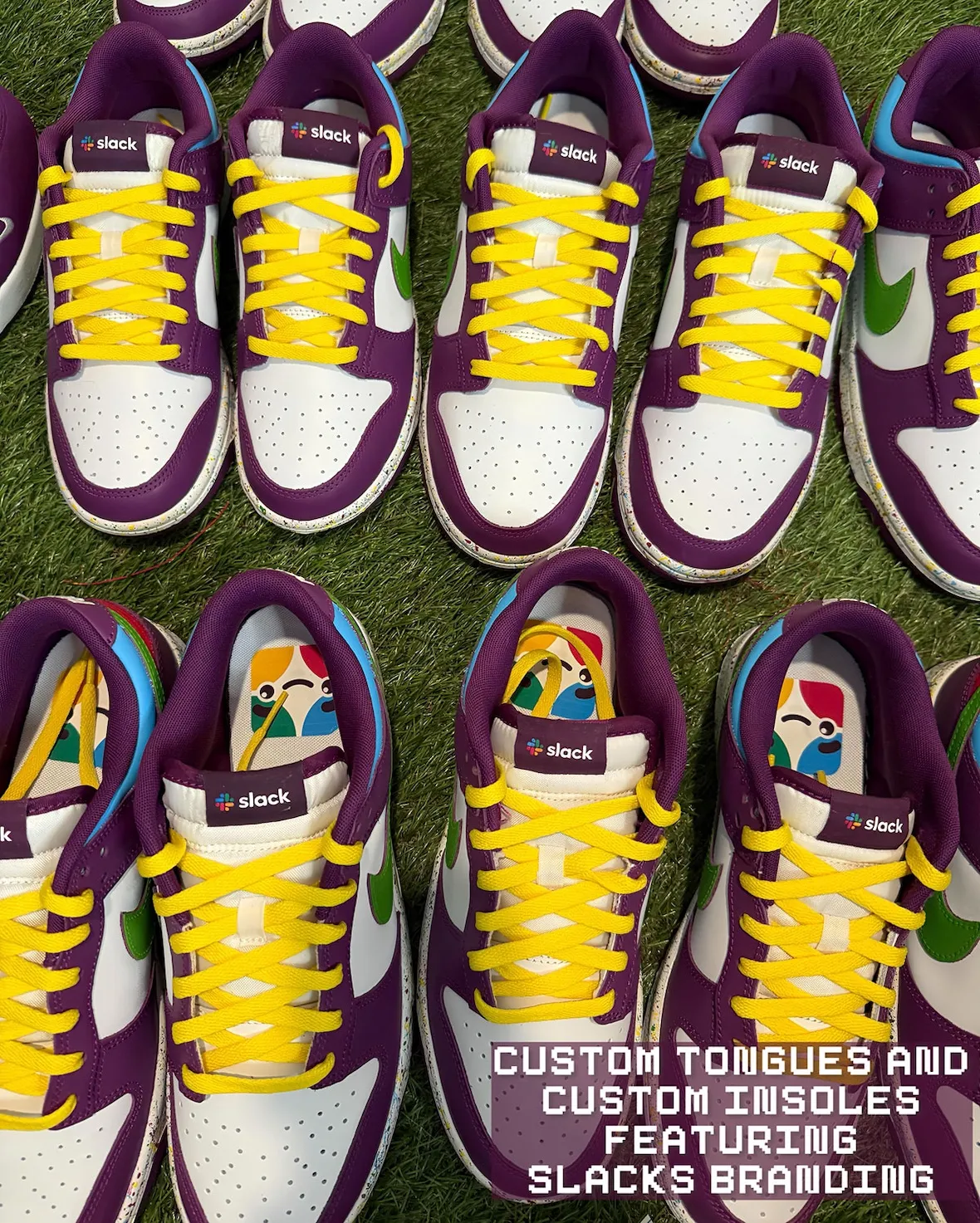 Slack Dunk Low customs flipped to show the Slack logo tongue tags and SlackBot face printed on the insoles