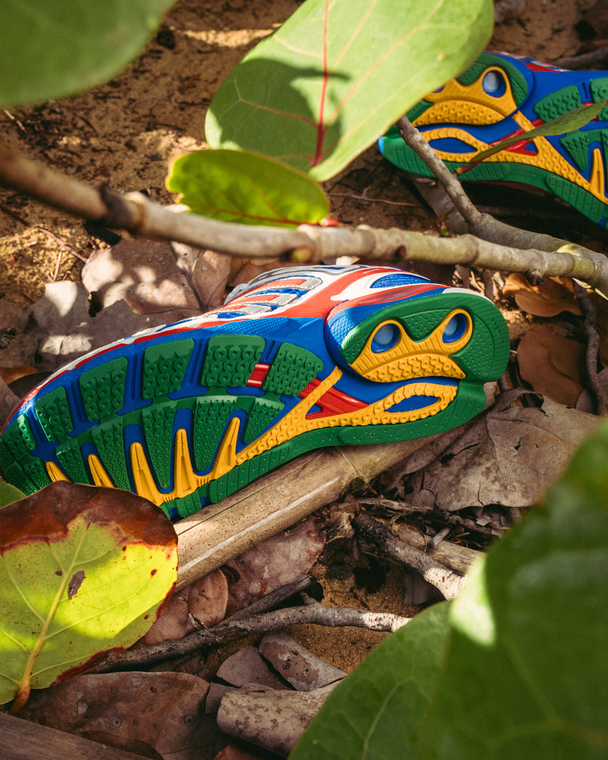 Green and yellow Adistar Control 5 outsole detail in tropical foliage, inspired by Puerto Rico