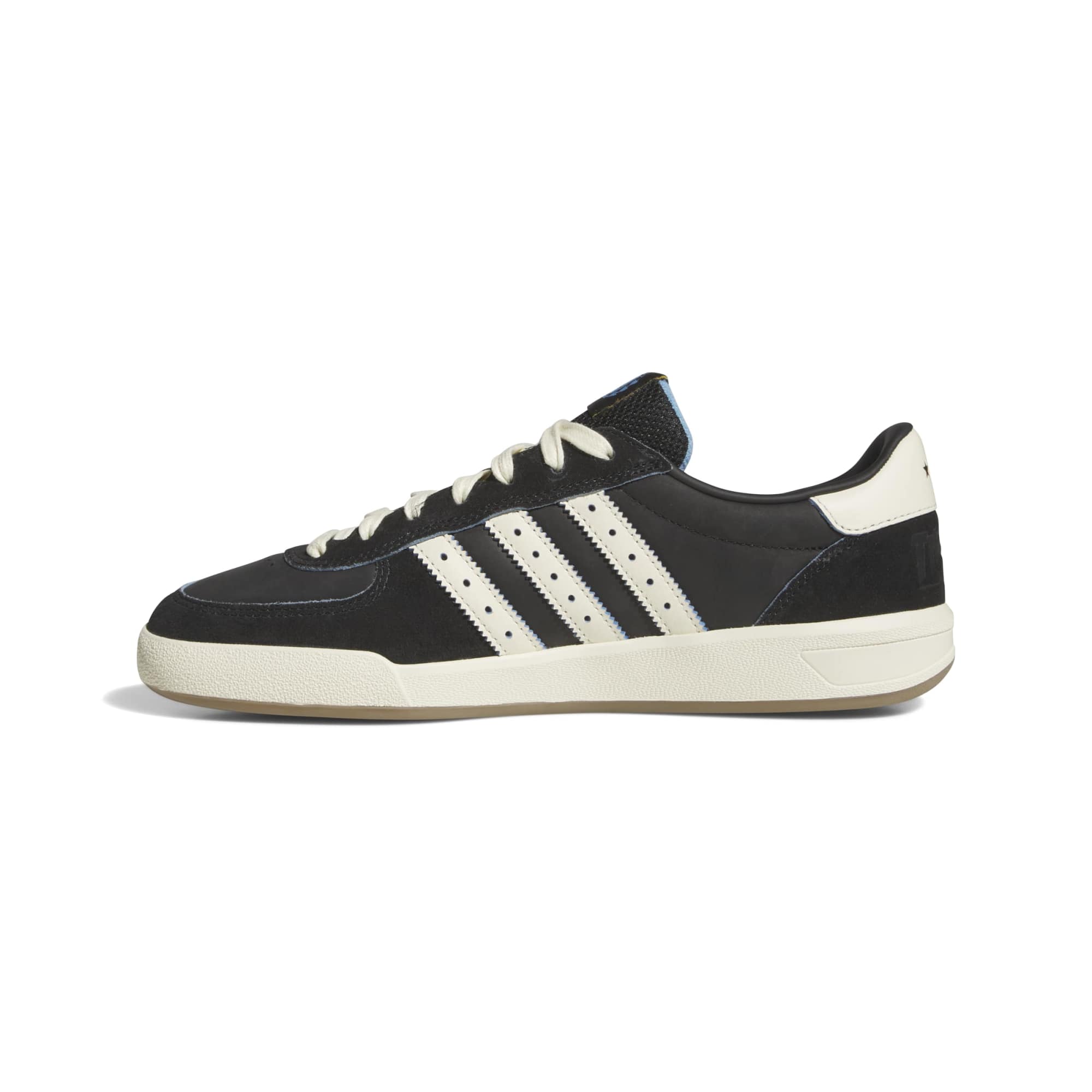 Medial side of the black adidas Glenburn skate shoe showing cream Three Stripes and sky-blue panel outlines